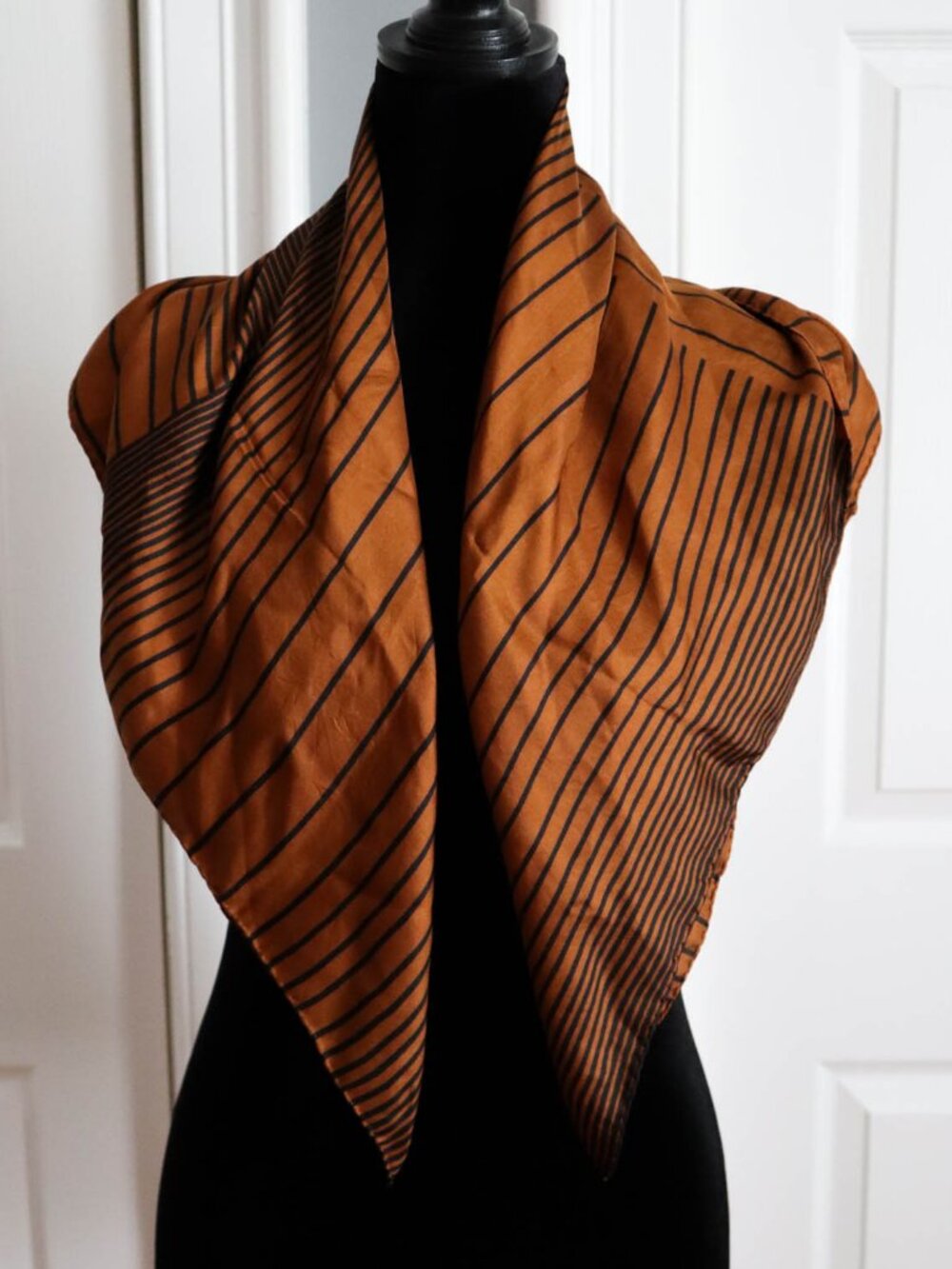 Vintage Pierre Cardin Paris Silk Scarf Brown & Black Geometric Stripes Mod Retro